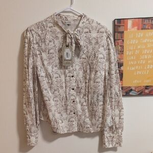 Banned Apparel Tie Blouse Cream And Gra With Bunny Print Size XL P2P: 20in